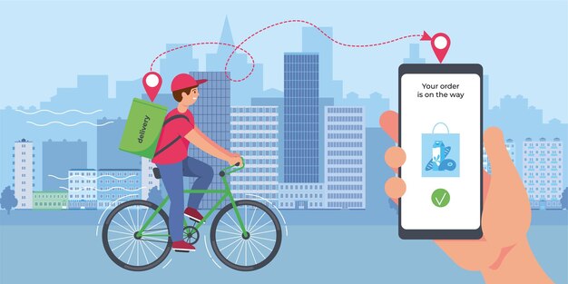 Плоская композиция курьерской службы доставки с городским пейзажем и доставщиком на велосипеде с векторной иллюстрацией приложения для отслеживания смартфона