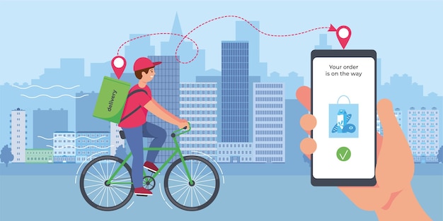 Delivery courier service flat composition with cityscape and delivery boy riding bike with smartphone tracking app vector illustration