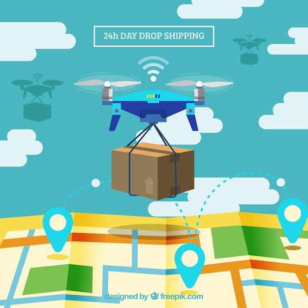 Delivery drone and map with flat design