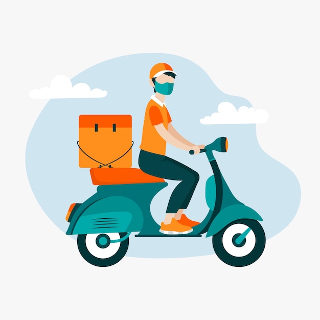 Delivery guy on motor scooter wearing mask