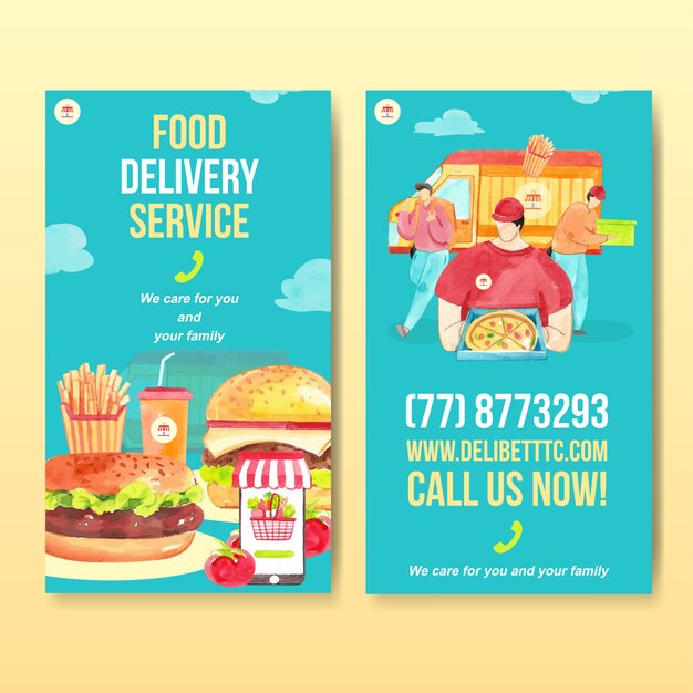 Delivery Instagram design template with food and vegetable watercolor illustration.