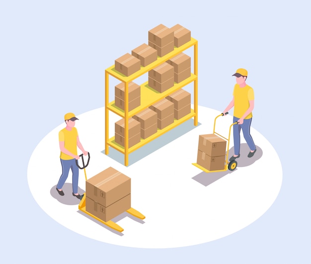 Free vector delivery logistics shipment isometric composition with faceless human characters of two male workers and parcel rack  illustration