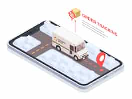 Free vector delivery logistics shipment isometric conceptual composition with smartphone screen and delivery truck with parcels and text  illustration