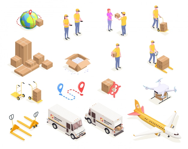 Бесплатное векторное изображение Логистика доставки отгрузки изометрические иконки с изолированными изображениями картонных коробок и людей в единой иллюстрации