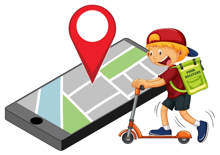 Free Vector delivery man or courier riding on scooter with pin on smartphone display