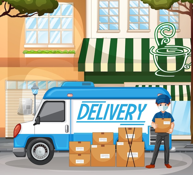 Delivery man or courier stand by delivery van with packages