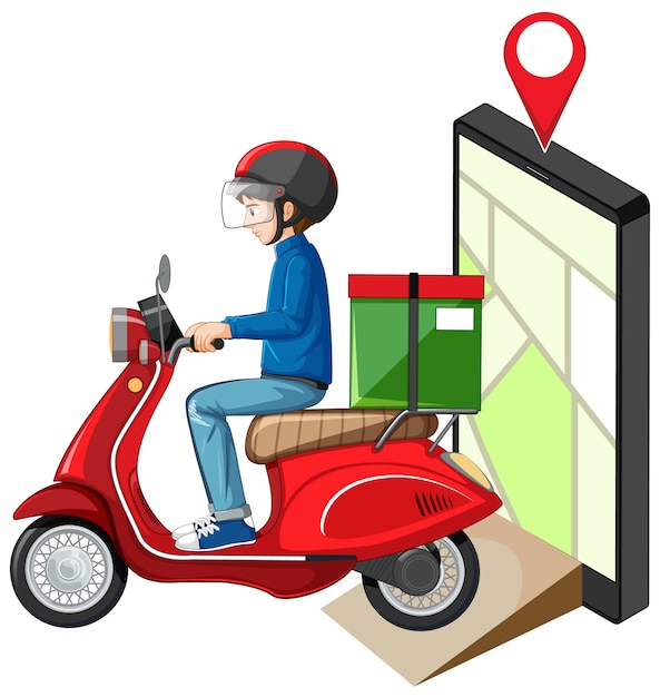 Free vector delivery man diving motorcycle or moterbike with map screen on tablet