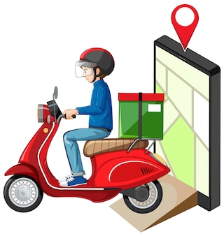 Uomo di consegna subacquea moto o motocicletta con schermata mappa su tablet
