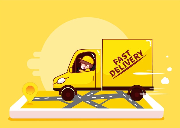 Delivery man driving on the way