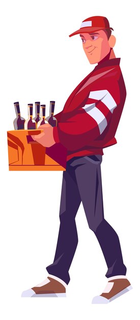 Delivery man holding a wooden box for bottles with alcoholic drinks