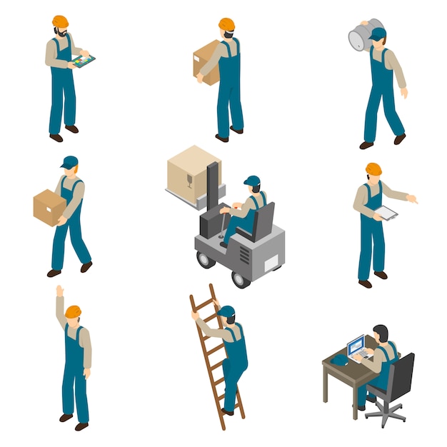 Free vector delivery man isometric icons set