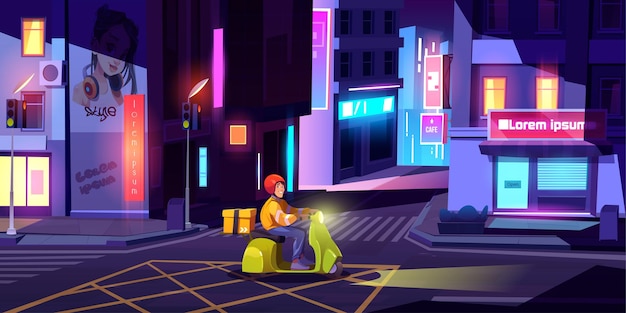 Доставщик на скутере с коробкой проезжает по улице города ночью.