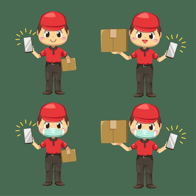Uomo di consegna che indossa uniforme e berretto con cassetta dei pacchi e il check-in del telefono cellulare nel personaggio dei cartoni animati, illustrazione piatta isolata