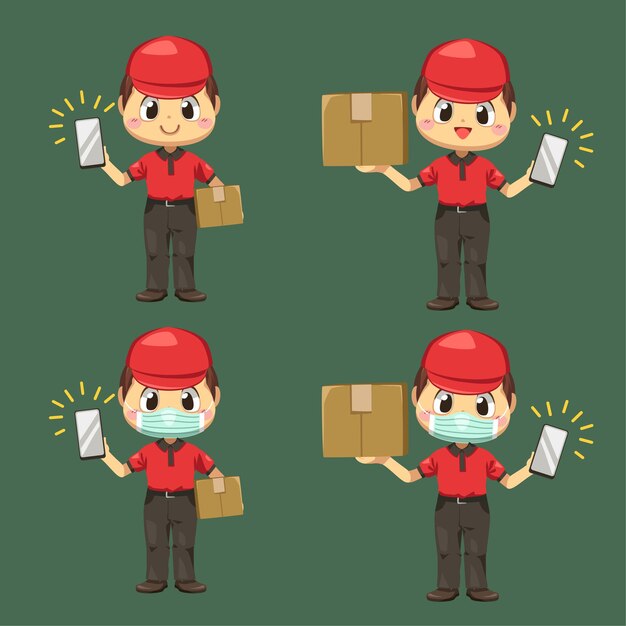 Delivery man wearing uniform and cap with parcel box and checking in mobile phone in cartoon character, isolated flat illustration