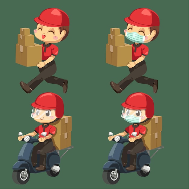 Uomo di consegna che indossa uniforme e berretto con la pila di cassetta dei pacchi a piedi e in sella a una moto per l'invio al cliente nel personaggio dei cartoni animati, illustrazione piatta isolata
