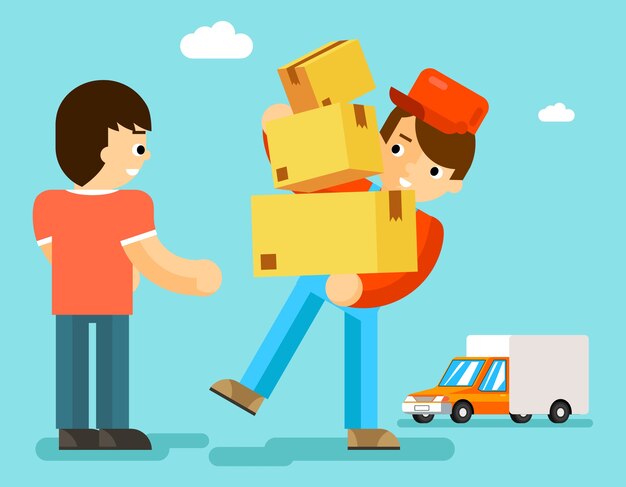 ボックスと車を持った配達員がクライアントに荷物を渡します。小包カートン、宅配便業者、郵便配達員、輸送エクスプレス。