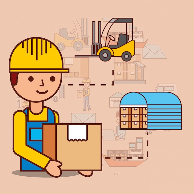 Free vector delivery man with cardboard box warehouse and forklift