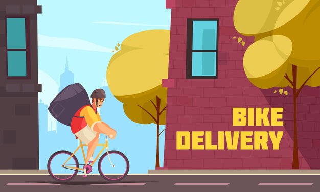 街の通りの風景とバッグとテキストのイラストで自転車を実行している配達少年と配達オートバイの構成