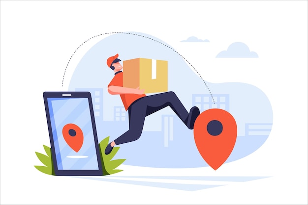 無料ベクター 配達オンライン配送サービスオンライン注文追跡配達自宅とオフィスの宅配便トラックスクーターと自転車小包は配達人によって携帯電話のロケーションピンに送信されます