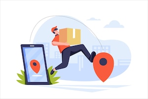 Free vector delivery online shipping services online order tracking delivery home and office courier by truck scooter and bicycle parcel send to location pins on mobile phone by delivery man