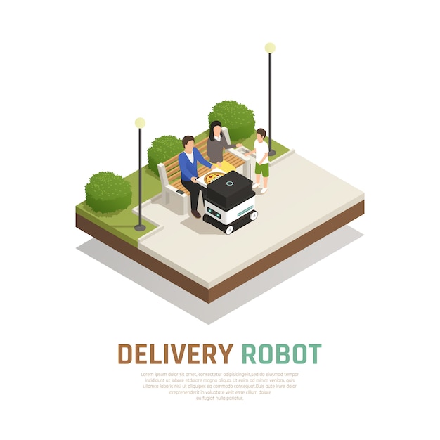 Free vector delivery pizza by driverless robotic transport for family staying at outdoor isometric composition