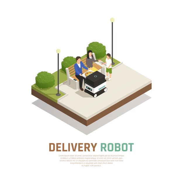 屋外の等尺性組成物に滞在する家族のための無人ロボット輸送によるピザの配達