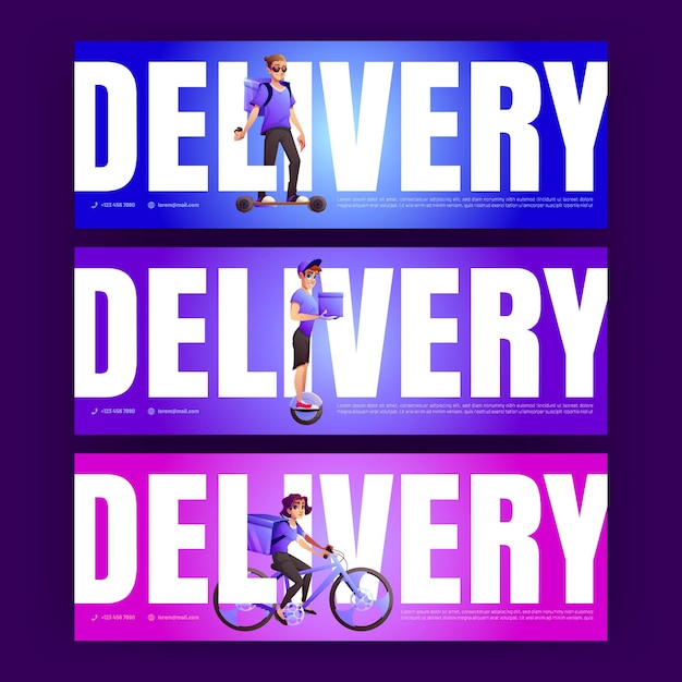 Бесплатное векторное изображение Плакаты доставки с курьерами на велосипеде, электрическом одноколесном велосипеде и скейтборде векторные баннеры службы доставки с карикатурной иллюстрацией людей с рюкзаком на велосипедном скейтборде и моноколесе