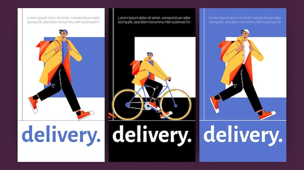 Delivery posters with man courier with backpack