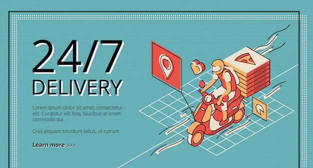 Free vector delivery service 24/7 landing page on retro colored. courier riding scooter with pizza boxes.