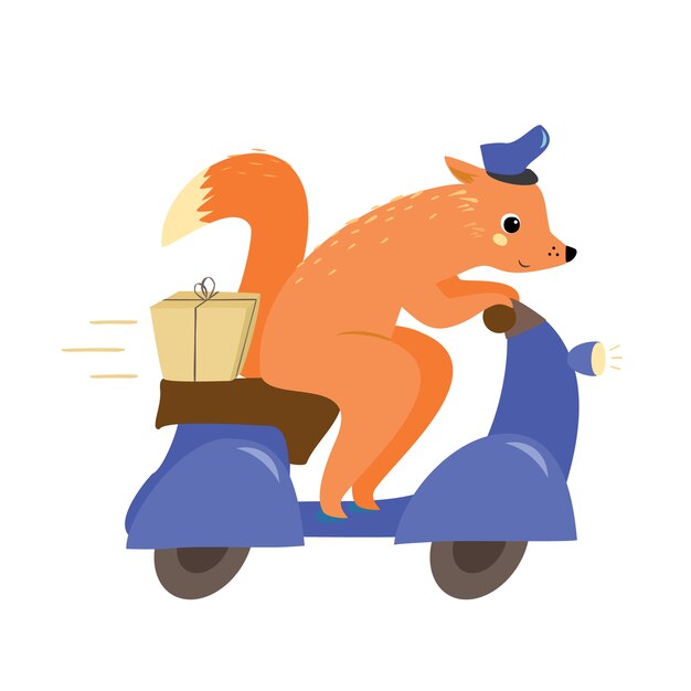 Delivery service. fox on a moped with a parcel. postman