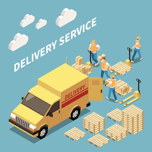 Free vector delivery service isometric composition with workers loading goods 3d isometric vector illustration