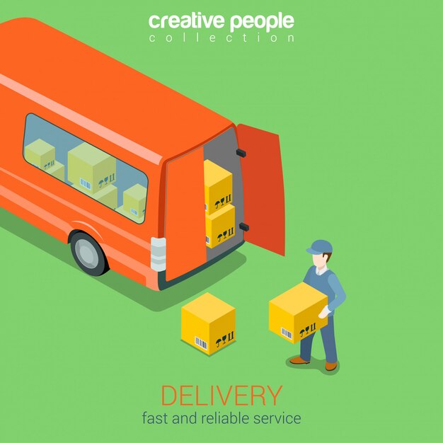 Delivery service van isometric concept. Courier holds box before deliver truck rear doors illustration.