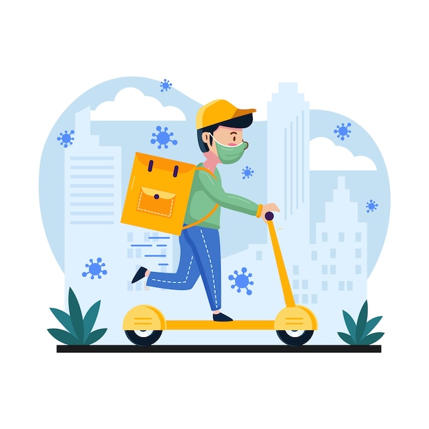 Delivery service with man on scooter and mask