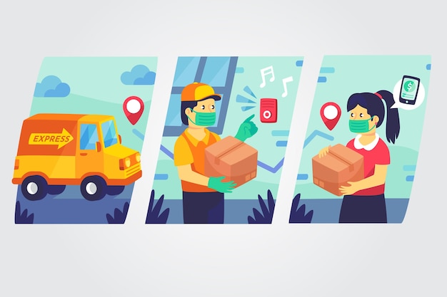 Free vector delivery service with masks concept