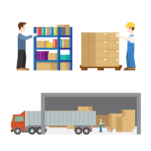Il trasporto del lavoratore di servizio di consegna nel processo ha fissato il concetto moderno piano. processo di caricamento del camion delle scatole di pallet. persone creative.