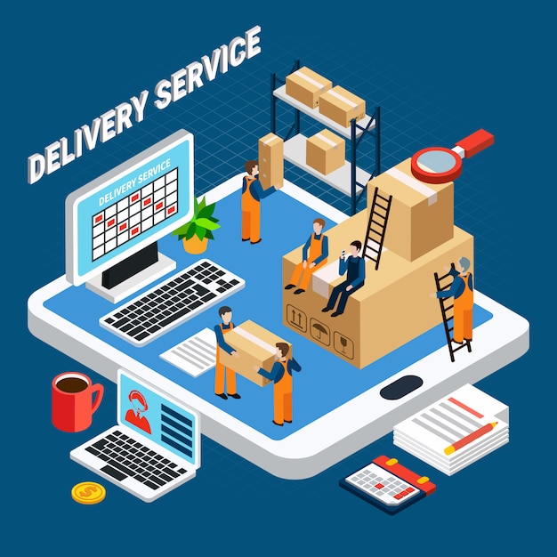 Free vector delivery service workers on blue 3d isometric illustration