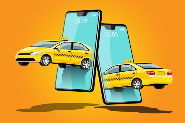 漫画​の​キャラクター​と​スマート​フォン​と​の​配達​タクシーオンラインカーシェアリングスマートシティ​交通​の​概念​、​イラスト