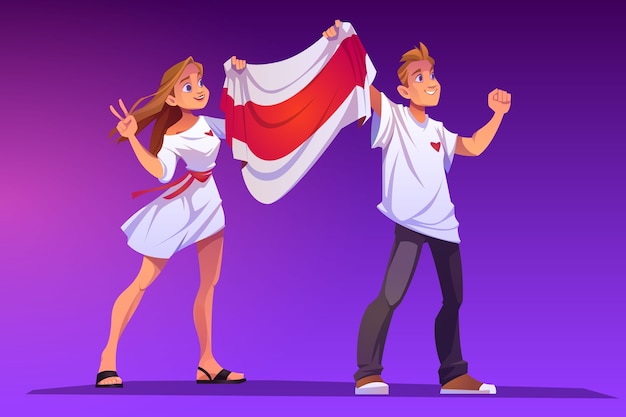 Demonstration for freedom of Belarus with opposition flag. Vector cartoon illustration with people holding white-red-white flag on political rally.