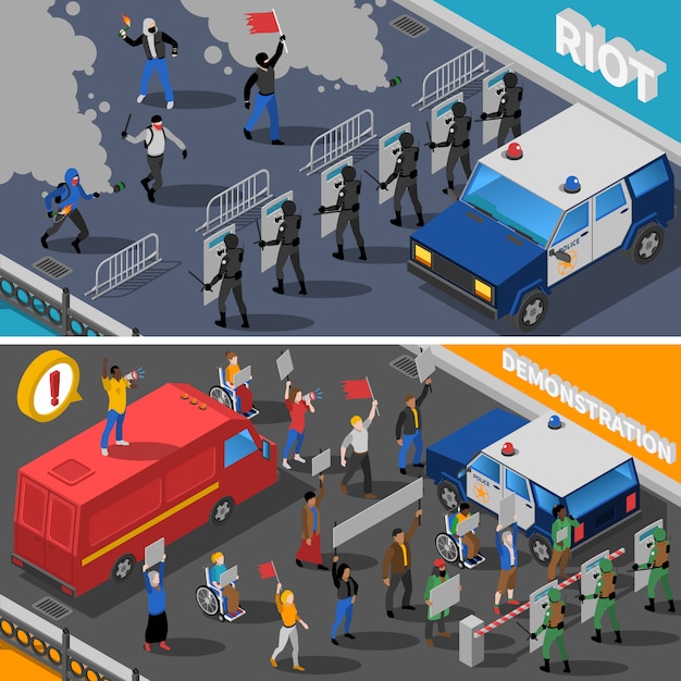 Demonstration protest riot isometric banners