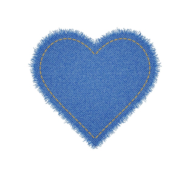 Denim heart shape with seam. torn jean patch with stitches. vector realistic illustration on white background.