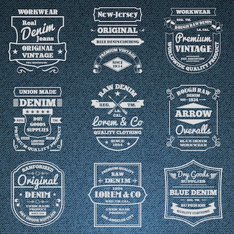 Emblemi di logo di tipografia jeans denim impostato