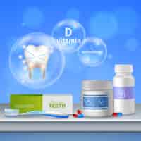 無料ベクター 健康な歯茎、酸化防止剤、ビタミン製品を維持する歯を保護する歯科医療口腔衛生現実的組成物