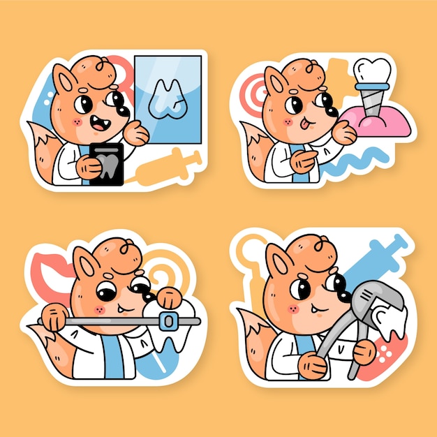 Free vector dental care stickers collection with fred the fox