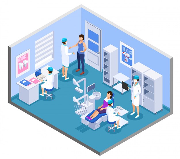 Dental clinic practice office interior isometric composition with dentist medical assistants patient treatment equipment furniture