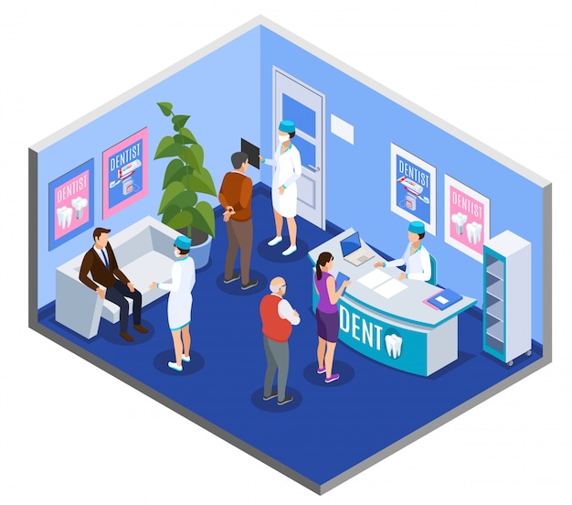 Dental clinic practice reception area waiting room isometric composition with patients at desk making appointment