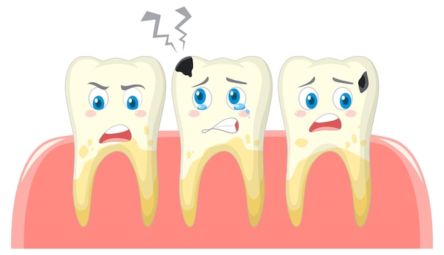 Vettore gratuito condizione dei denti dentali e diversi su sfondo bianco