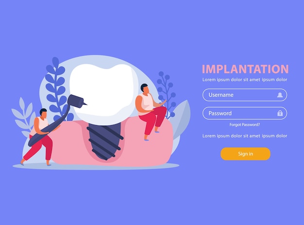 ボタンでユーザー名とパスワードを入力するための落書き画像とフィールドを備えた歯科医療フラット Web サイト
