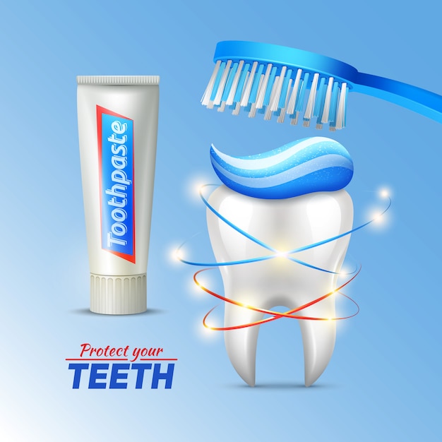 Free vector dental hygiene concept with tooth toothbrush toothpaste and writing protect your teeth