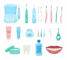 Free vector dental hygiene flat set of isolated icons with oral care products dentists tools and smiling mouth vector illustration