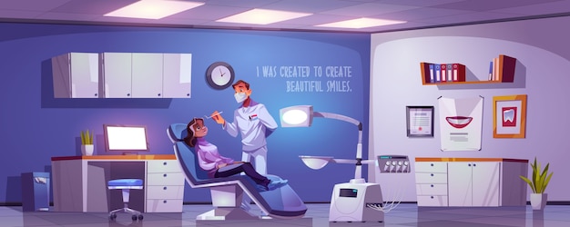 Stanza dentale con donna seduta in poltrona e medico. illustrazione del fumetto con il dentista e la ragazza paziente in ufficio di stomatologia in clinica o in ospedale. trattamento del dente e concetto di cura